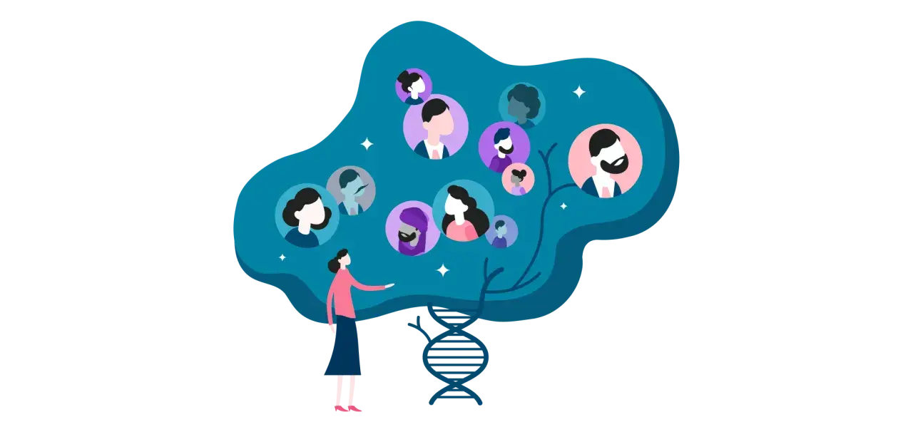 Una mujer explora su genealogía genética, representada por un árbol de rostros y una doble hélice de ADN.