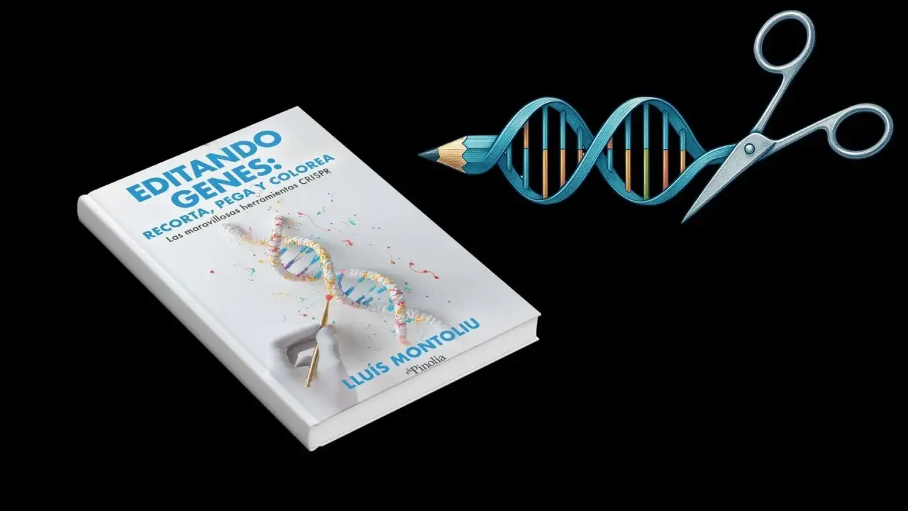 Libro "Editando Genes" para niños, con un ADN ilustrado y herramientas de edición genética.
