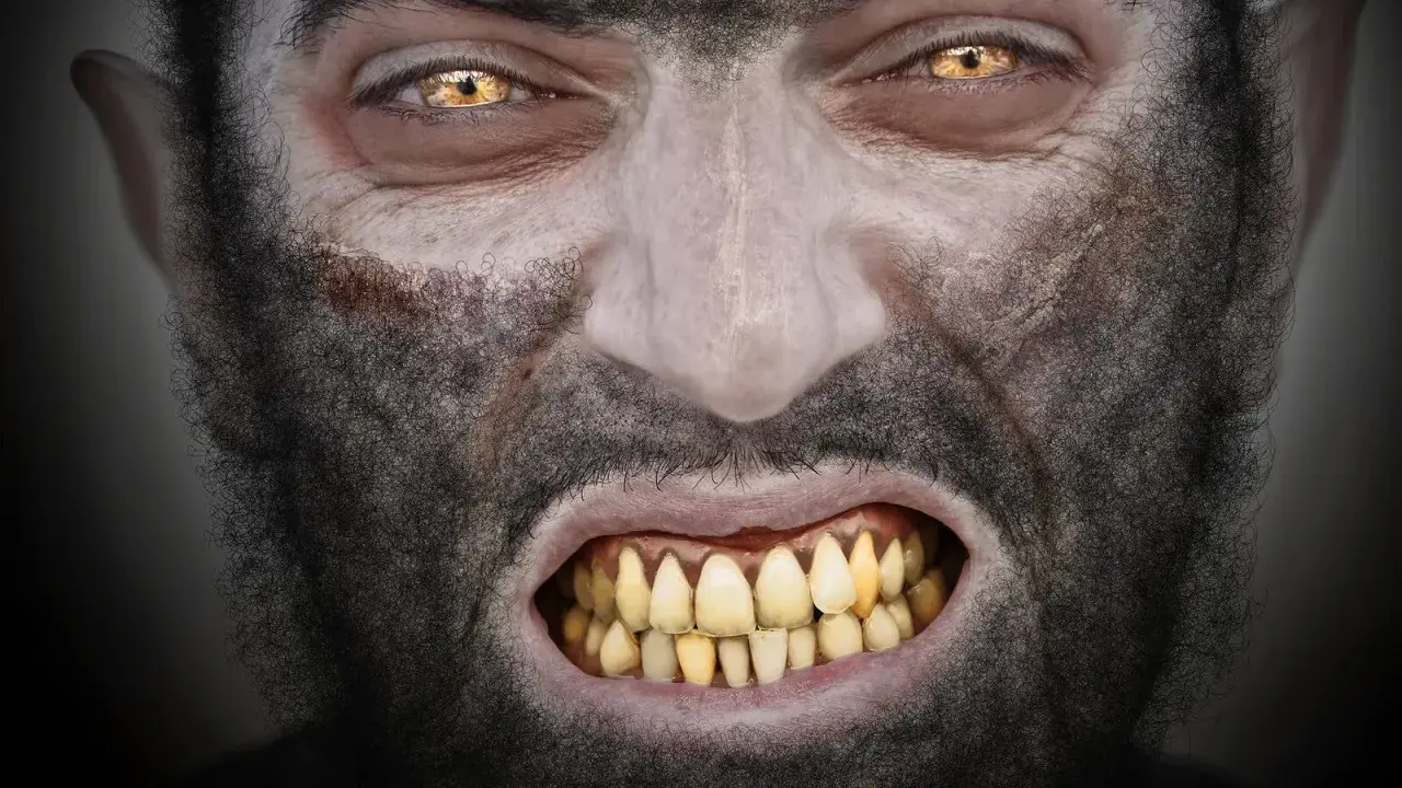 Rostro de hombre con ojos amarillos y colmillos afilados, cubierto de pelo oscuro. Parece sufrir la enfermedad del hombre lobo.