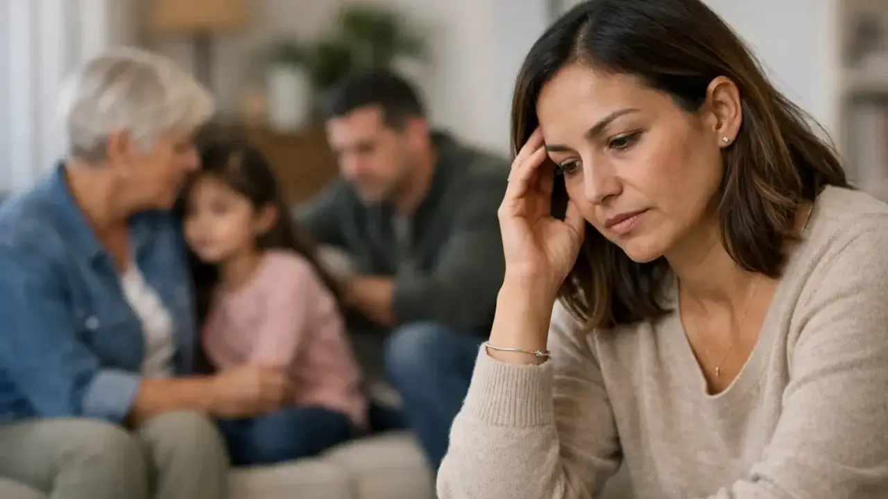 Mujer preocupada mientras su familia se consuela, pensando en el lupus hereditario y su impacto.
