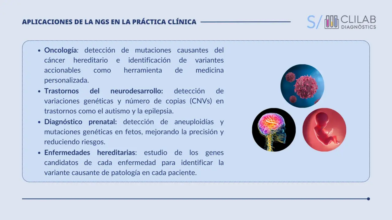 Aplicaciones de NGS en clínica: oncología, neurodesarrollo, prenatal y enfermedades hereditarias, usando ngs genetica para identificar variantes.