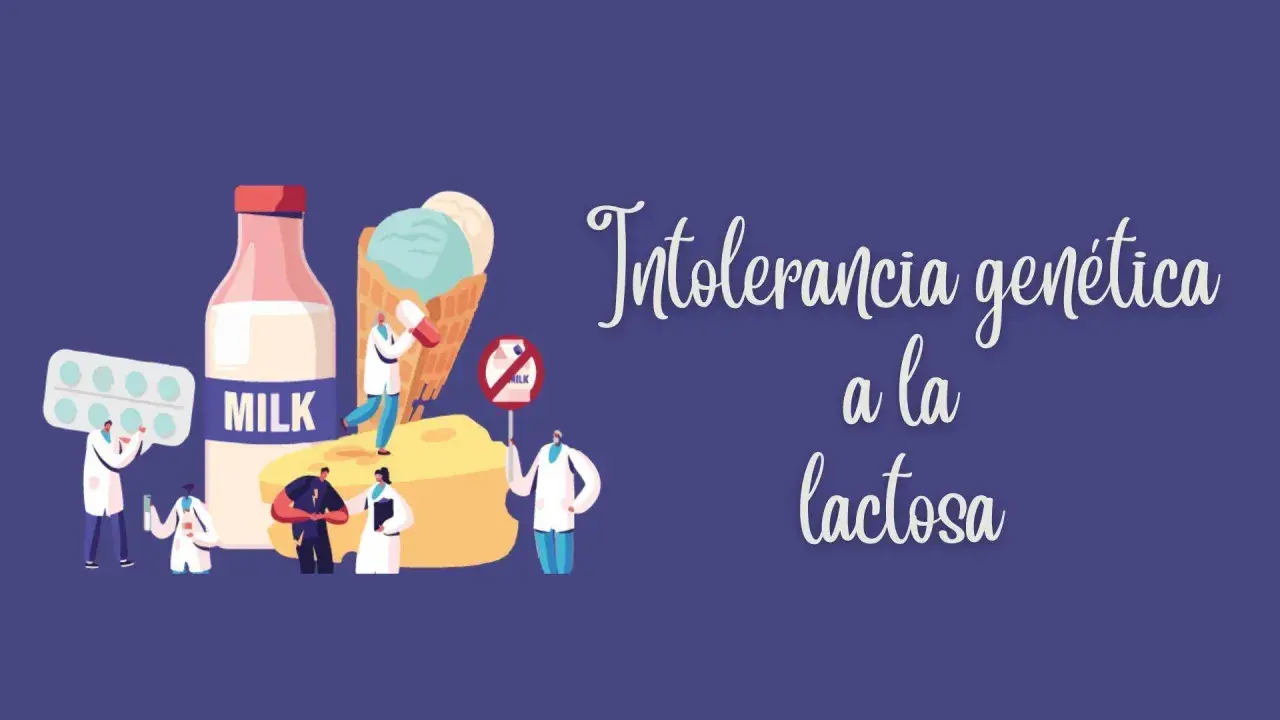 Ilustración que muestra que la intolerancia a la lactosa es hereditaria, con médicos y productos lácteos.