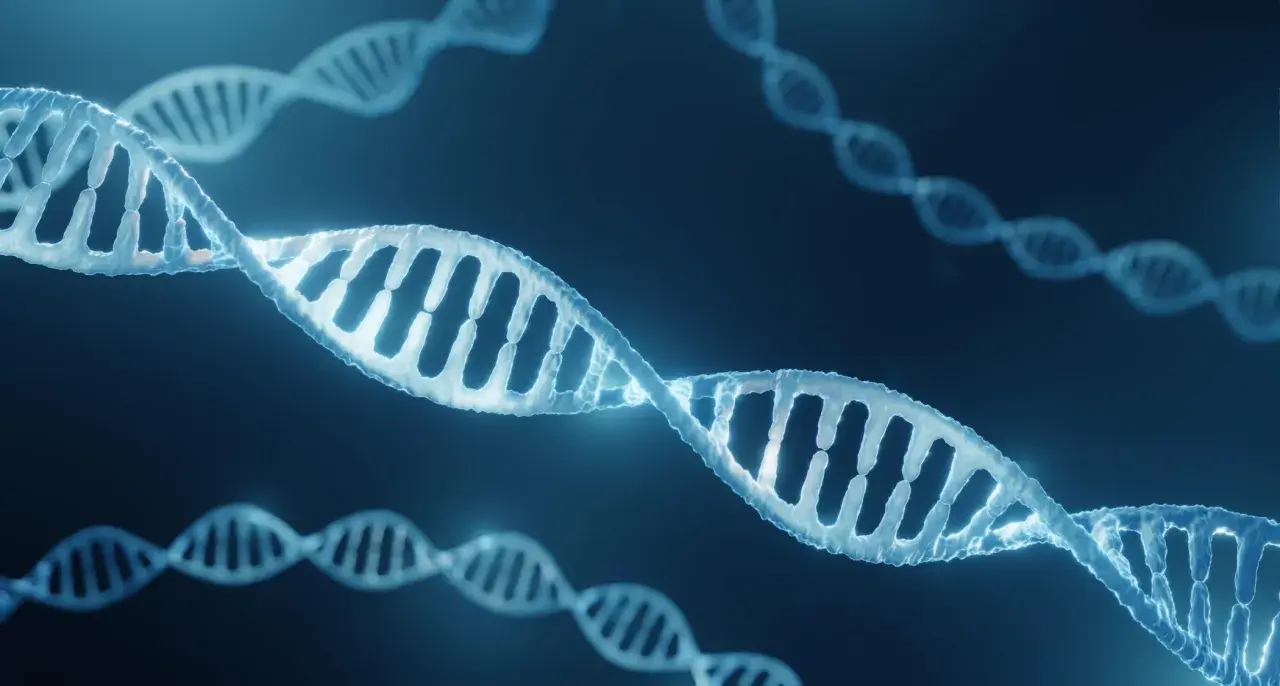 Estructuras de ADN brillantes flotan en la oscuridad, evocando el descubrimiento del ADN y la complejidad de la vida.