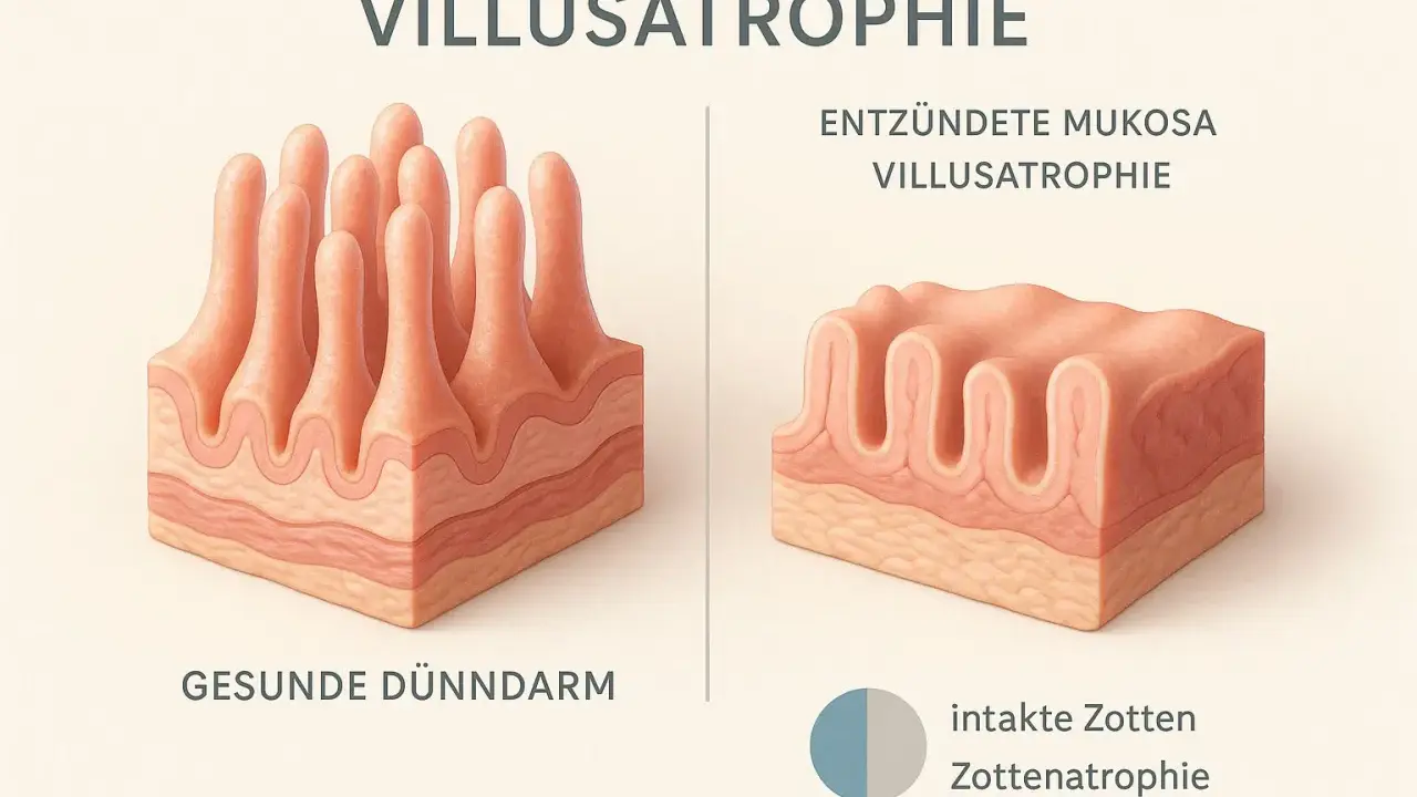 Comparación de vellosidades intestinales: sanas y atrofiadas. La atrofia vellositaria puede ser causada por la anti transglutaminasa.