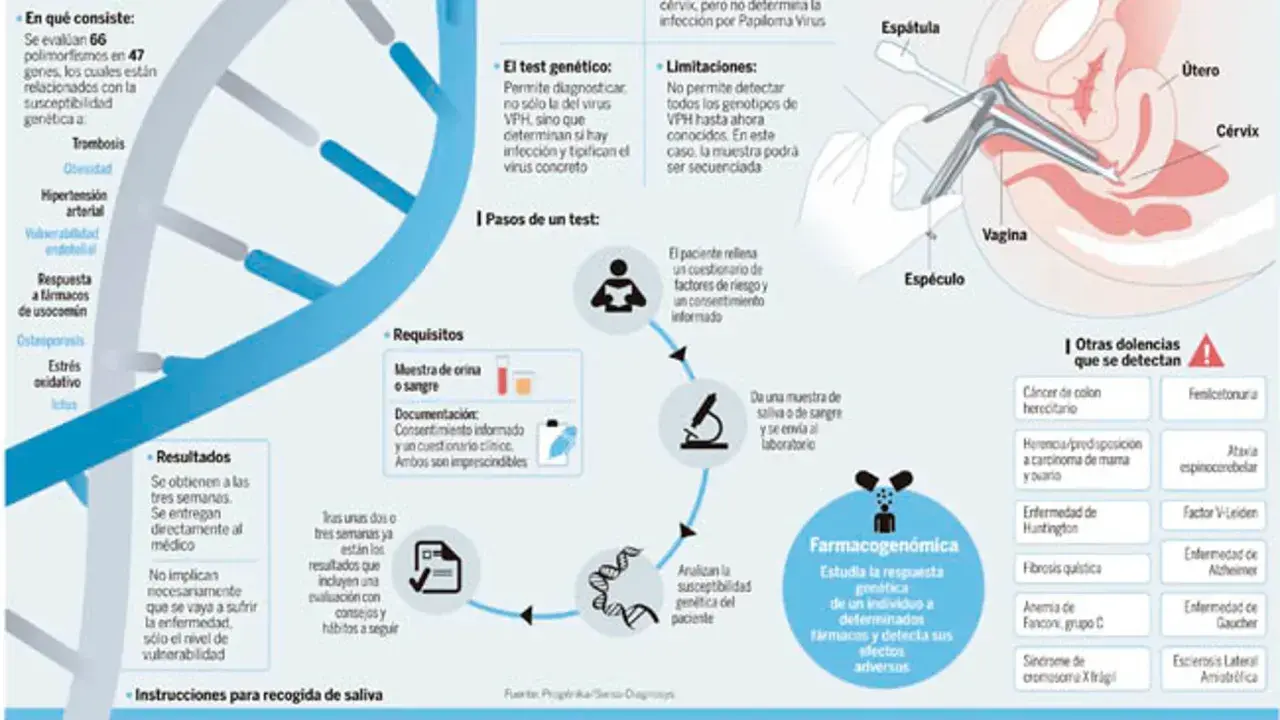 Tipos de pruebas genéticas: análisis de susceptibilidad, farmacogenómica y detección de dolencias.