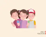 Tres niños sonríen y saludan. Uno de ellos tiene síndrome de Down.