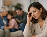 Mujer preocupada mientras su familia se consuela, pensando en el lupus hereditario y su impacto.