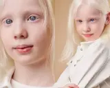 Niña con cabello rubio platino y ojos azules, una hermosa persona albina sonríe con dulzura.