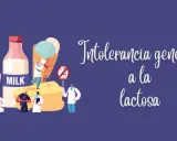 Ilustración que muestra que la intolerancia a la lactosa es hereditaria, con médicos y productos lácteos.
