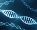 Estructuras de ADN brillantes flotan en la oscuridad, evocando el descubrimiento del ADN y la complejidad de la vida.
