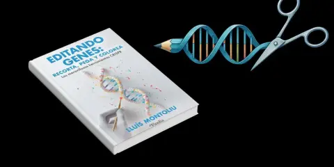 Libro "Editando Genes" para niños, con un ADN ilustrado y herramientas de edición genética.