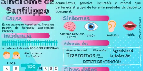 Infografía sobre el síndrome de Sanfilippo, una enfermedad rara que afecta el desarrollo. Describe causa, síntomas y datos.