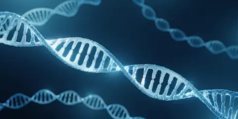 Estructuras de ADN brillantes flotan en la oscuridad, evocando el descubrimiento del ADN y la complejidad de la vida.
