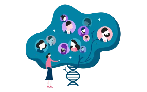 Una mujer explora su genealogía genética, representada por un árbol de rostros y una doble hélice de ADN.