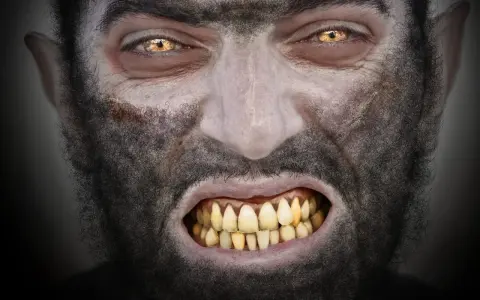 Rostro de hombre con ojos amarillos y colmillos afilados, cubierto de pelo oscuro. Parece sufrir la enfermedad del hombre lobo.