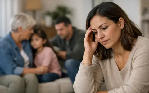 Mujer preocupada mientras su familia se consuela, pensando en el lupus hereditario y su impacto.