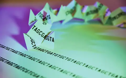 Secuencia de ADN plegada en forma de origami, representando el genotipo humano. Las letras A, T, C, G forman la cadena genética.