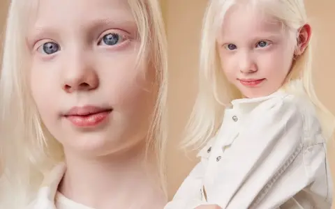 Niña con cabello rubio platino y ojos azules, una hermosa persona albina sonríe con dulzura.