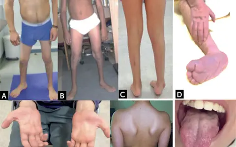 Manifestaciones de atrofia muscular espinal: piernas delgadas (A, B, C), pie equino (D), manos con dedos finos (E), espalda con escápulas prominentes (F) y lengua con fasciculaciones (G).
