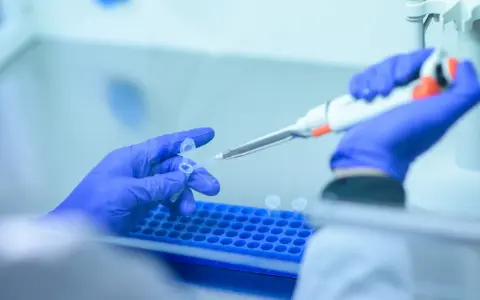 Manos con guantes azules manipulan tubos de ensayo y pipeta. Lydia Fairchild trabaja en el laboratorio, investigando con precisión.