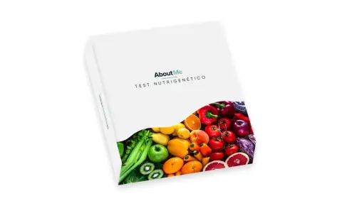 Caja de **test nutrigenético** con diseño moderno, mostrando una vibrante selección de frutas y verduras frescas.