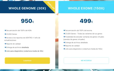 Comparativa de secuenciación del genoma completo y exoma. La secuenciación NGS ofrece análisis detallados de ADN y genes.