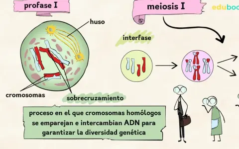 Ilustración de las meiosis fases: profase I con cromosomas y huso, interfase, y la división celular.
