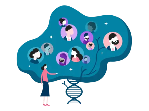 Una mujer explora su genealogía genética, representada por un árbol de rostros y una doble hélice de ADN.