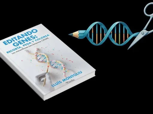 Libro "Editando Genes" para niños, con un ADN ilustrado y herramientas de edición genética.