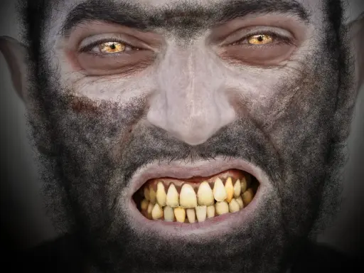 Rostro de hombre con ojos amarillos y colmillos afilados, cubierto de pelo oscuro. Parece sufrir la enfermedad del hombre lobo.