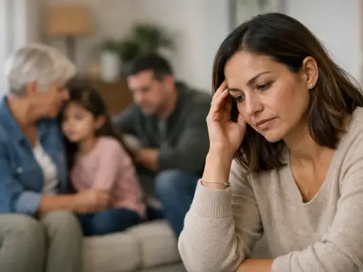 Mujer preocupada mientras su familia se consuela, pensando en el lupus hereditario y su impacto.