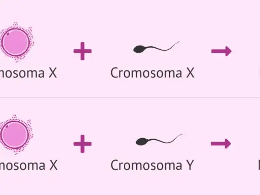Ilustración del proceso de **determinación del sexo**: óvulo (Cromosoma X) + espermatozoide (Cromosoma X) = Niña; óvulo (Cromosoma X) + espermatozoide (Cromosoma Y) = Niño.