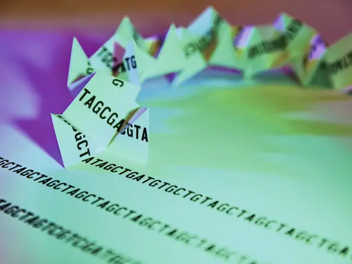 Secuencia de ADN plegada en forma de origami, representando el genotipo humano. Las letras A, T, C, G forman la cadena genética.