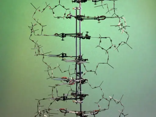 Modelo tridimensional de la doble hélice del ADN, un hito en la historia del adn. Muestra la estructura molecular con sus bases nitrogenadas.