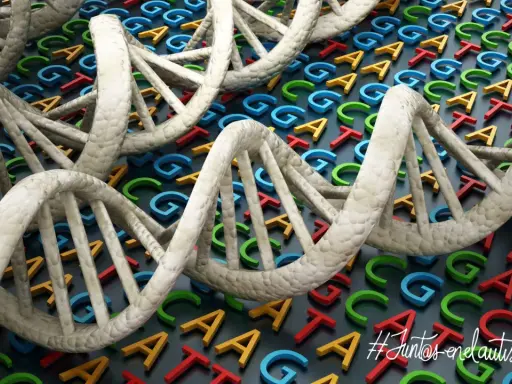 Doble hélice de ADN sobre letras genéticas de colores. El autismo es genético, un mensaje de esperanza y comprensión. #JuntosEnElAutismo