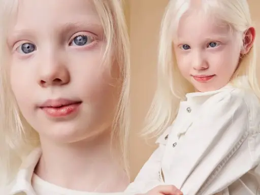 Niña con cabello rubio platino y ojos azules, una hermosa persona albina sonríe con dulzura.