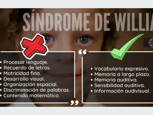 El síndrome de Williams se caracteriza por dificultades en el lenguaje y la motricidad, pero con un vocabulario expresivo y memoria auditiva destacables.