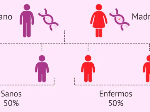 Diagrama de herencia: padre sano y madre enferma, con 50% de hijos sanos y 50% enfermos, ilustrando las causas de la enfermedad de Huntington.