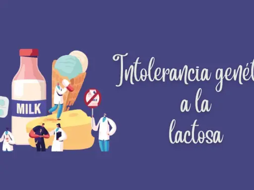 Ilustración que muestra que la intolerancia a la lactosa es hereditaria, con médicos y productos lácteos.