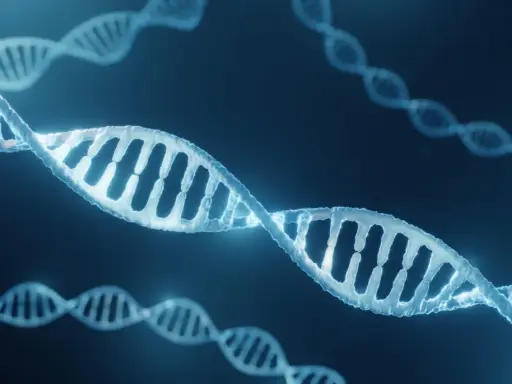 Estructuras de ADN brillantes flotan en la oscuridad, evocando el descubrimiento del ADN y la complejidad de la vida.