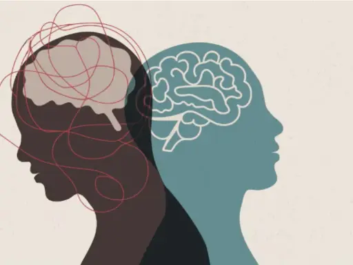 Dos perfiles de cabeza, uno con un cerebro enredado y otro con un cerebro claro, simbolizan la complejidad de una enfermedad multifactorial.