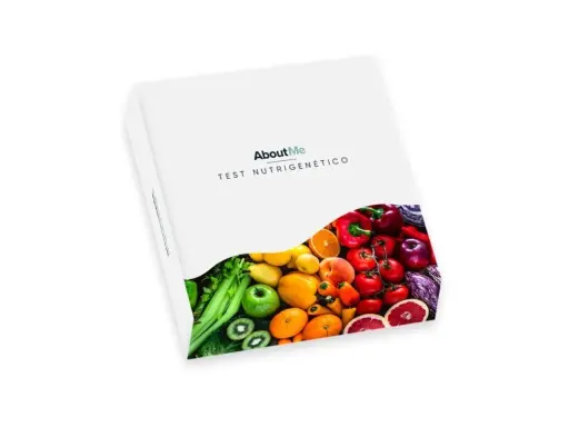 Caja de **test nutrigenético** con diseño moderno, mostrando una vibrante selección de frutas y verduras frescas.
