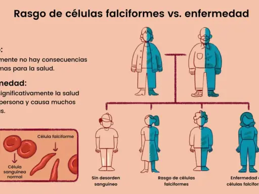 Ilustración compara rasgo de células falciformes (sin síntomas) con la enfermedad, causada por la mutación de anemia falciforme. Muestra células normales y falciformes.