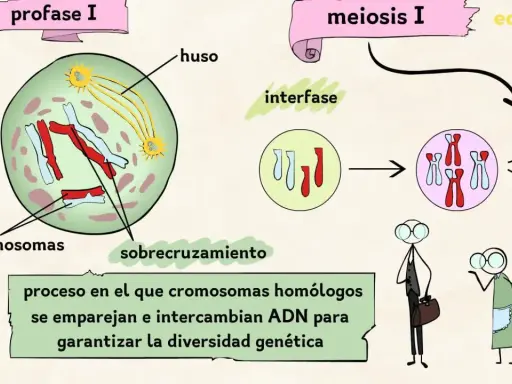 Ilustración de las meiosis fases: profase I con cromosomas y huso, interfase, y la división celular.