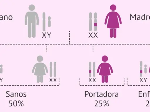 Diagrama de herencia genética. Padre sano (XY) y madre portadora (XX) tienen hijos sanos (50%), portadores (25%) y enfermos (25%), mostrando la transmisión de cromosomas x.