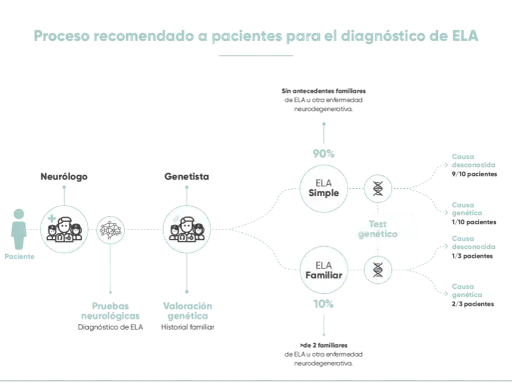 Diagrama del proceso de diagnóstico de ELA, mostrando la diferencia entre ELA Simple y ELA Familiar, con porcentajes y causas genéticas.