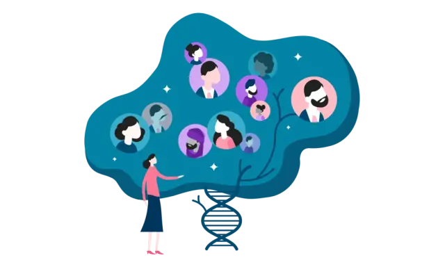 Una mujer explora su genealogía genética, representada por un árbol de rostros y una doble hélice de ADN.