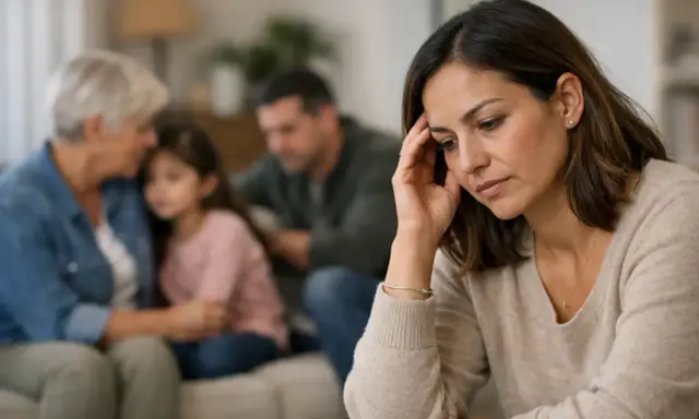 Mujer preocupada mientras su familia se consuela, pensando en el lupus hereditario y su impacto.