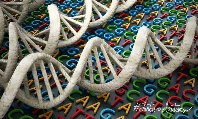 Doble hélice de ADN sobre letras genéticas de colores. El autismo es genético, un mensaje de esperanza y comprensión. #JuntosEnElAutismo