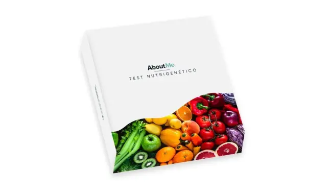 Caja de **test nutrigenético** con diseño moderno, mostrando una vibrante selección de frutas y verduras frescas.